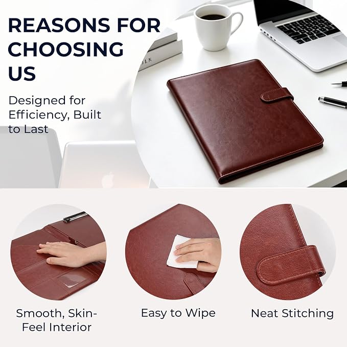 Professional Padfolio with Clipboard, Faux Leather Portfolio Folder Binder, Legal Pad Holder for A4 Letter Size Notepad, Resume, Writing Pad, Ideal Organizer for Business Office Conference (Brown)