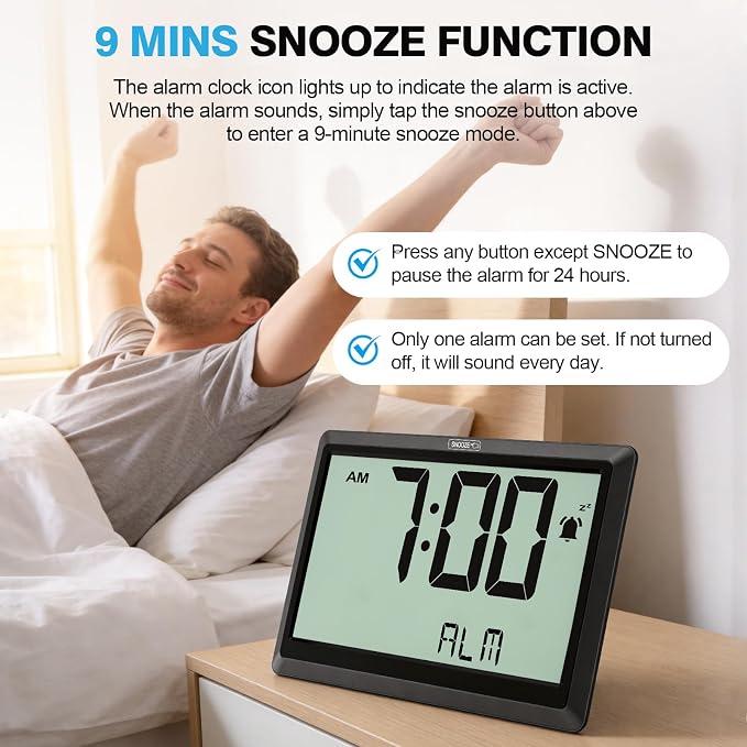 XREXS 10.4 Inch Digital Wall Clock Battery Operated Large Display Clock | Digital Calendar with Indoor Temperature/Humidity/Date/Day, Auto DST for Classroom, Livingroom, Office(No Backlight)