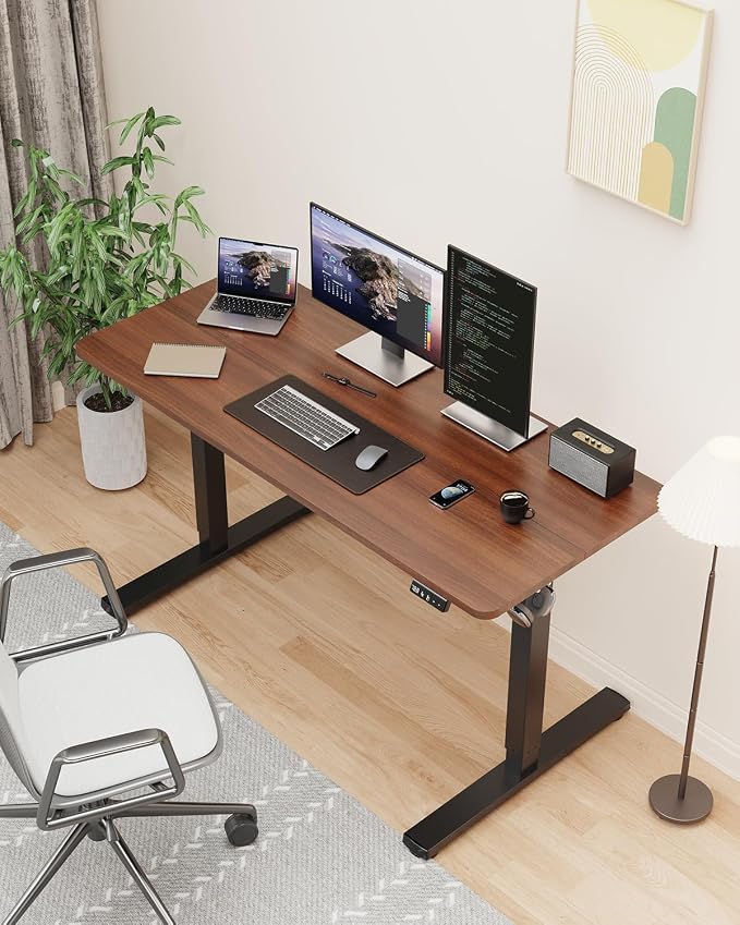 48" Electric Standing Desk Adjustable Height, Sit Stand up Desk for Home Office & Computer Workstation, 2 Memory Height Settings, Splice Board, 2 Hooks, Black Frame/Walnut Top