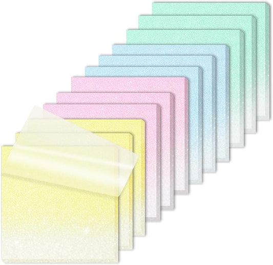 Transparent Glitter Sticky Notes 12 Pack, Sparkly Frosted Gradient 3x3 Inch, High Transparency Glass-Like Adhesive Clear Seee Through Sticky Notes for Women Office School Supplies (600 Sheets)