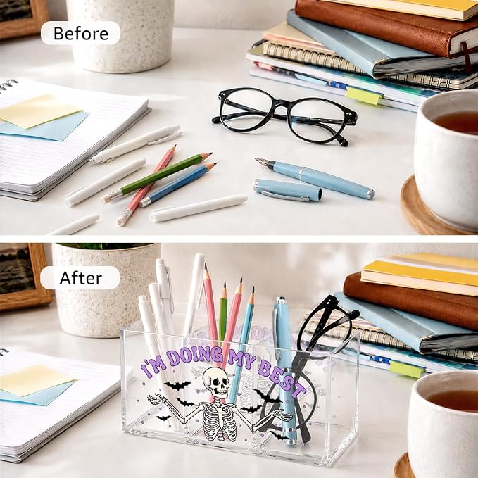 Skeleton Acrylic Desk Organizer, 3 Compartment Pen Holder, “I’m Doing My Best” Gothic Office Storage Box, Cute Skull Stationery Organizer for Desk Decor, Home & Office Supplies for Coworker