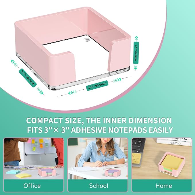 Sticky Note Holder, Pink Acrylic Notepad Holder 3x3 in Self-Stick Note Dispenser Office Desk Accessories, Memo Pad Holder Organizer for Classroom School Supplies