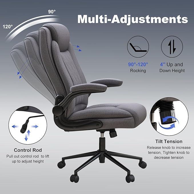 ralex-chair 2 Pack Big and Tall Office Chair -500 lb Heavy Duty Office Chair for Big Man, Fabric High Back Executive Office Desk Chair with 120° Tilt Rock,Computer Desk Chair with flip up arm - Grey