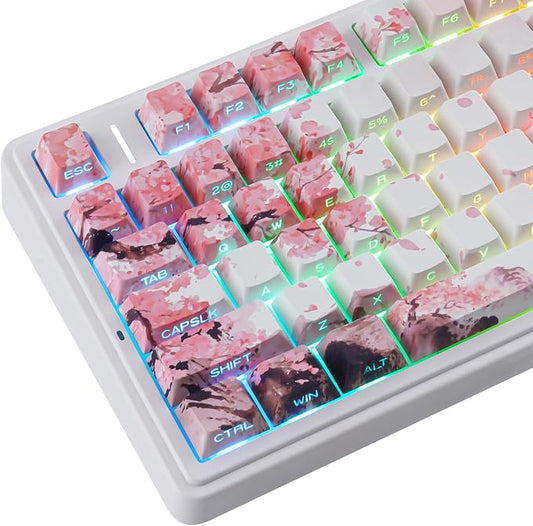 Tsungup PBT Keycaps Cherry Blossom Keycap Set - Custom Landscape Painting Sakura Pink Keycaps,131 Keys Side Print Key caps Cherry Profile Keyboard Key caps for Mechanical Keyboards