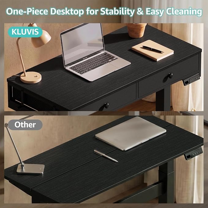 KLUVIS Black Sit Stand Desk with Drawers, 32 Inch Electric Standing Desk with Storage, Small Space Stand Up Computer Desks for Home Office Bedroom, Study Writing Desks for Walking Pad