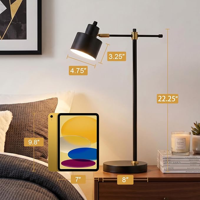 OYEARS 22.2" Modern Desk Lamp, Metal Table Lamp with LED Bulb, Adjustable Reading Lamps for Living Room, Mid Century Task Lamp for Home Office, Industrial Bedside Lamps with Solid Base,Black
