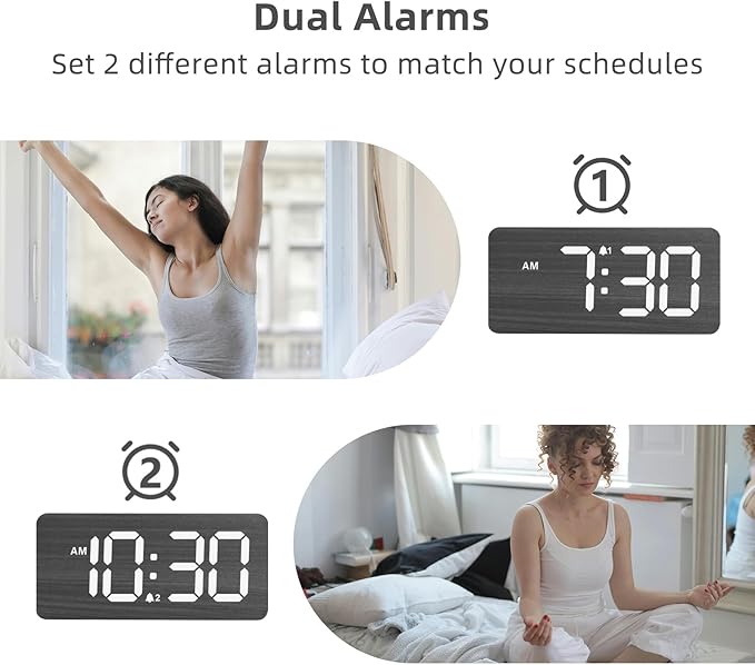 uscce Wooden Digital Alarm Clocks for Bedrooms with 0-100% Dimmable Display | Desk Clock with Large Numbers for Living Room - Loud Dual Alarm for Heavy Sleepers with Volume Control - Wood Decor & Gifts