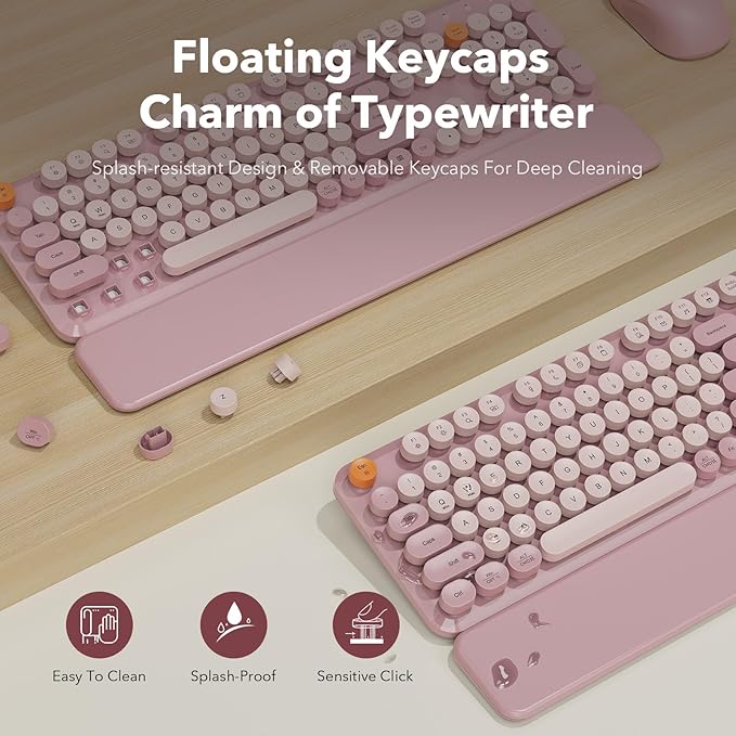 Wireless Keyboard and Mouse Combo, Round Keycaps, Full-Size Typewriter-Style Keyboard with Detachable Wrist Rest, Tilt Legs & 3-Level DPI Mouse, 2.4GHz Cordless for Windows PC/Laptop (Dusty Rose)
