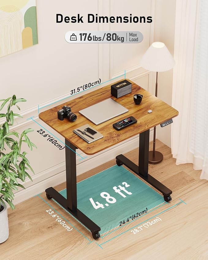 32" Small Rolling Electric Standing Desk Adjustable Height for Home Office | Mobile Sit Stand up Desk with Lockable Casters for Computer Workstation, Memory Preset, 2 Hooks, Black Frame/LightBrown Top