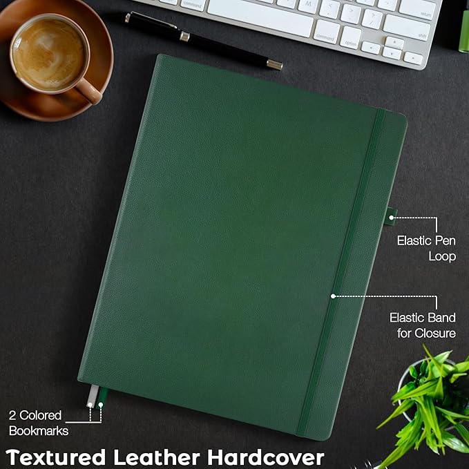 Graph Paper Notebook, Hardcover Notebook 8.5 x 11, Grid Notebook Journal for Women, Men, Large Leather Journals for Writing, Thick Paper, A4 Notebooks for Work, School Supplies, Engineering Green