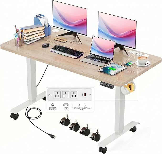 Electric Standing Adjustable Height Desk 48'' x 24''Sit Stand Desk with Charging Station, 2 USB Ports, 3 Power Outlets, 27''-46'' Lifting Range Computer Workstations(Oak)