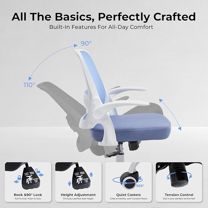 Ergonomic Mesh Office Chair for Home Office, Flip-Up Arms, Breathable Mesh Back & Thick Seat Cushion, Swivel Rolling Computer Desk Chair – BIFMA Certified, Supports 300 lbs (White Frame/Blue Seat)