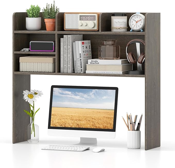 Tangkula Desktop Bookshelf for Computer Up to 32”, 37” Countertop Storage Hutch with 6 Storage Shelves, 3-Tier Desktop Organizer Display Rack, Wooden Desk Hutch for Dorm Home Office (Grey,6 Shelves)
