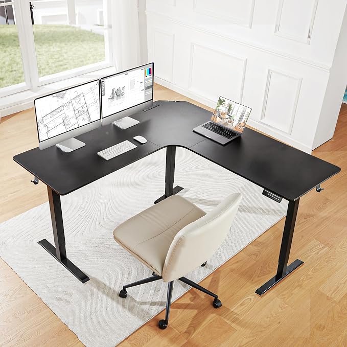 HUANUO Electric L Shaped Standing Desk, 63" x 63" Height Adjustable Corner Standing Desk with Built-in Power Outlets & Power Strip Holder, Sit Stand Up Table with 4 Preset Heights, Black