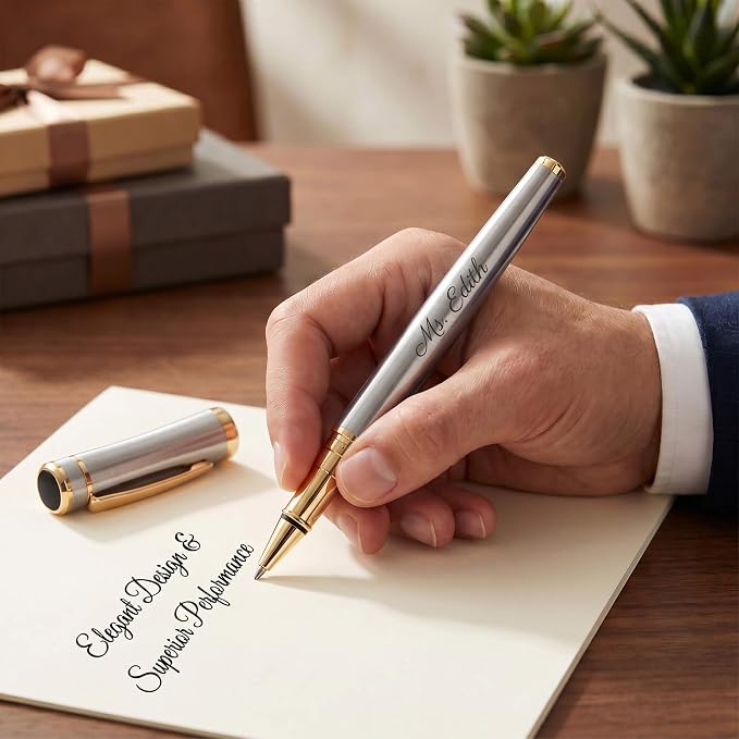 Ancolo Engraved Pens Luxury Roller Pens with 5 Gfit Box 10 extra Black Refills Metal Body Engraved with Your Message Personal Names Phone Number, Gift for Men Women