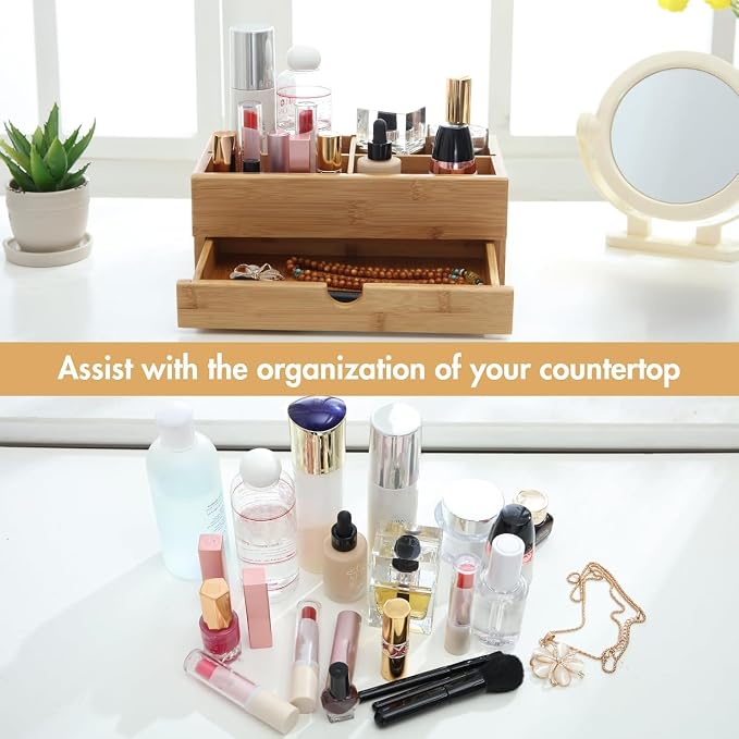 GOBAM Bamboo Makeup Organizer and Storage with Drawer, Wooden Cosmetic Organizer Countertop for Bathroom, Bedroom, Kitchen & Dresser, Desk Organizer with Drawers and Make up Vanity Station - Medium