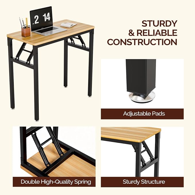 VINGLI Small Computer Desk No Assembly Required, Folding Desk As Writing Table, Dining Table and Workbench, Foldable Desk for Small Space & Home Office (31.5, Teak & Black Frame)