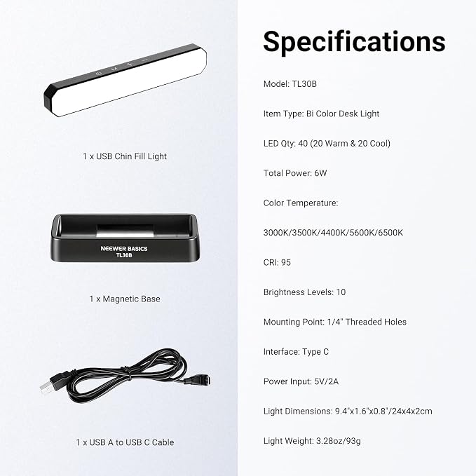 NEEWER Basics LED Chin Fill Lighting CRI95, 6W Bi Color Portable Desk Phone Selfie Photo Light, USB Powered for TikTok Streaming Laptop Video Conference Tripod Recording Travel Makeup, TL30B