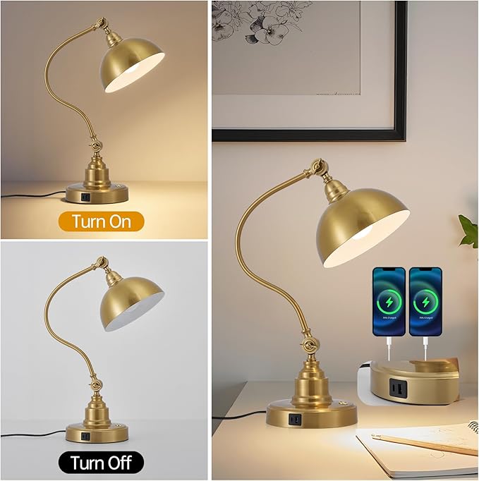 Vintage Brass Gold Color Desk Lamp Decorative Table Lamp for Home Office Living Room Bedroom Desk Light, Rustic Industrial Farmhouse Antique Library Study Desk Lamp E26 LED Bulb Included