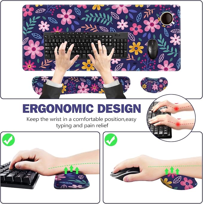 ToLuLu Extended Gaming Mouse Pad, Memory Foam Ergonomic Keyboard Mouse Wrist Rest Support Set, Large Desk Mat with Stitched Edges, Non-Slip Base Mousepad for Home Office Game Study, Purple Flowers