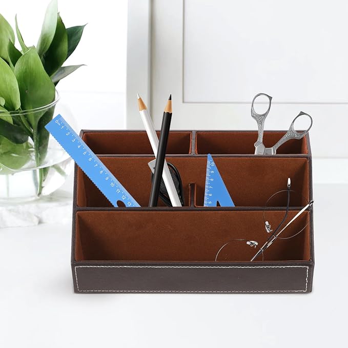 Desktop Sundries Storage Holder Minimalist Contemporary Design Desk Organizer Pu Leather with High Density Board to Keep Desk Clean and Tidy for Office and Home Use