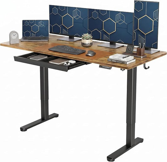 Claiks Electric Height Adjustable Standing Desk with Drawers, 63 x 24 Inch Sit Stand Desk for Home Office, Computer Desk Workstation,Rustic Brown