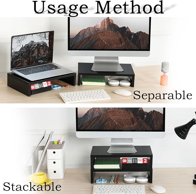 TEAMIX 2-Pack Wood Monitor Stand Riser for Desk , Black | Dual Stand for 2 monitors. Holds 80 lbs, Stack or Separate Adjustable Use, Fits laptop, TV, PC. For Home Office, Gaming