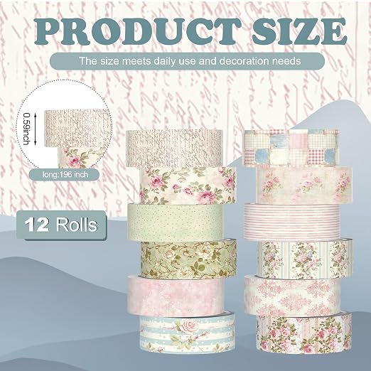 12 Rolls Watercolor Floral Washi Tape Set 15 mm Vintage Flower Decorative Masking Tape for Summer School Arts DIY Craft Scrapbook Journal Supplies Gifts(Vintage Pink,Cottagecore)