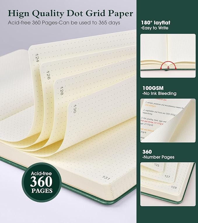 Ansopu Dotted Journal Notebook, 360 Numbered Pages Bullet Dot Grid Journal,100gsm Dot Paper Thick Hardcover Leather Journal for Writing Women Men, A5 Dotted Grid Notebooks for Work 5.75" x 8.38" Green