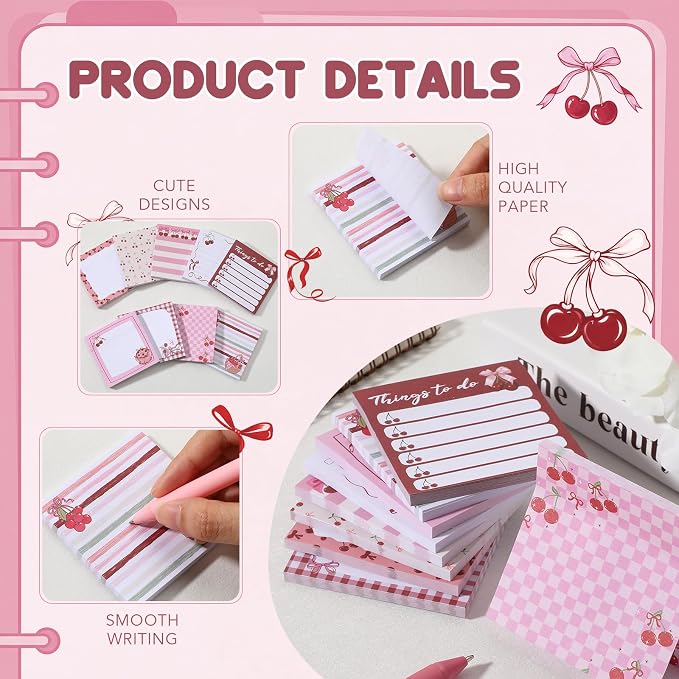 9 Pads Cherry Bow Sticky Notes 3x3 Inch Cute Self Stick Notepads Notes Adhesive Memo Pad Office Decor Gifts for Students School Teacher Meeting Office Supplies