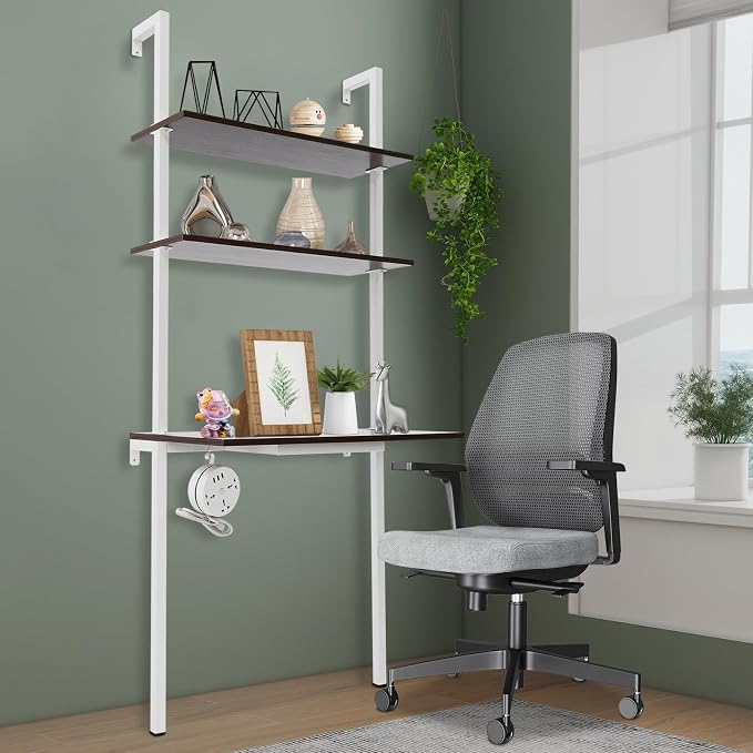 Wall Mount Desk 3 Tiers Wall Table Wall Mount Computer Writing Table Industrial Bookcase Desk Brown and White for Homes Office School
