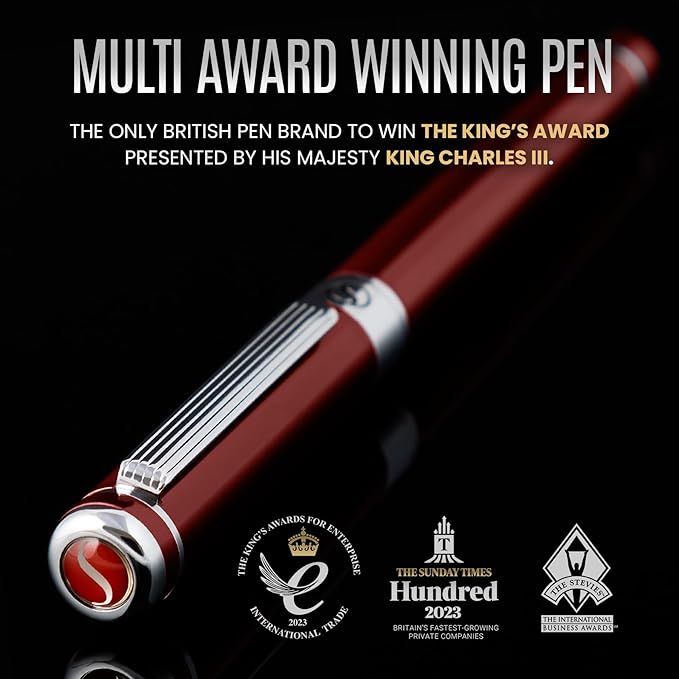 Scriveiner Deep Crimson Red Rollerball - Luxury Pen with Chrome Finish and Red Lacquer, Includes 4 Black Fine Rollerball Refills