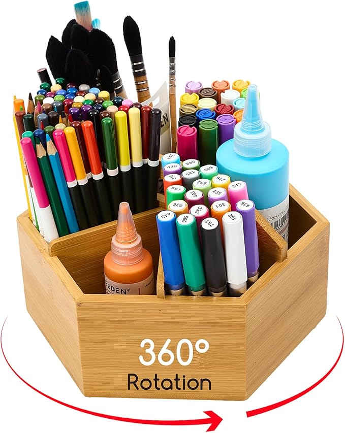 MEEDEN Bamboo Rotating Art Supply Desk Organizer: Pen & Pencil Holder for Desk- Desktop Storage for Markers, Colored Pencils, Crayons, Paint Brushes, Office School Classroom