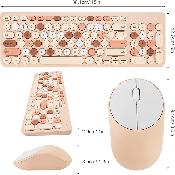 Wireless Keyboard and Mouse Combo, Retro Typewriter Keyboard with Round Keycaps, 2.4GHz USB Cute Wireless Keyboard Mouse for Computer, Desktop, Laptop (Milk Tea Colorful)