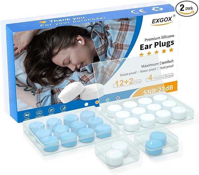 EXGOX 14 Pairs Silicone Ear Plugs for Sleeping Noise Cancelling Reusable Moldable Wax Earplugs for Swimming, Work, Airplane, SNR27dB(Blue, White)