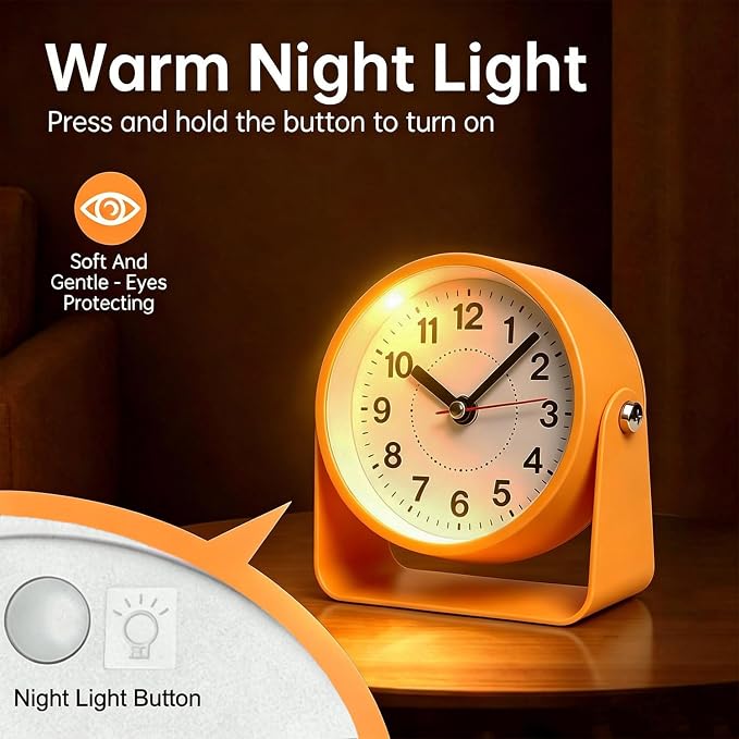 3.5" Analog Alarm Clock Silent Light Snooze 360° Adjustable Angle | Small Retro Desk Clock Battery Operated, Silent Metal Table Clock with Light for Living Room,Bedroom Loud Alarm Clock Adults