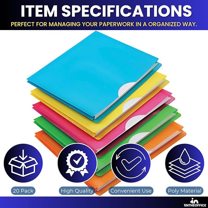 1InTheOffice Poly File Jacket File Folder, Letter 1" Expanding File Jacket, 20-Pack, Assorted