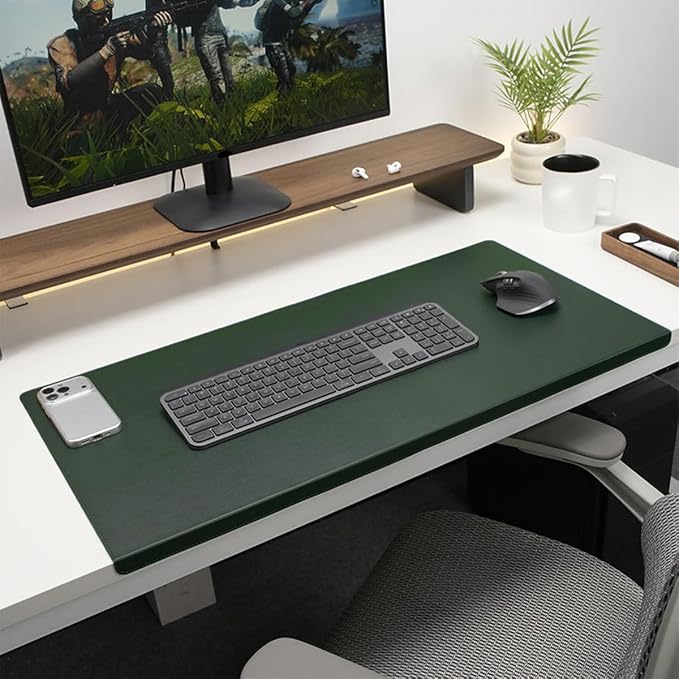 Edge-Locked Leather Desk Pad, Desk Blotter with Full Grip Fixation Lip, Waterproof Large Office Table Mat, Non-Slip Laptop Mouse Pads for Work Typing Writing (Dark Green,35.4"x17.7")