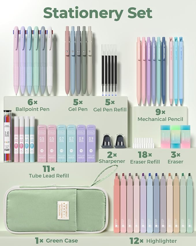 Four Candies 56 PCS Stationery Set, Cute Organizer with Supplies, 6 Multicolor Pens, 12 Pastel Highlighters, 5 Gel Pens Black Ink, 9 Mechanical Pencils for College Essentials Stuff (Green)