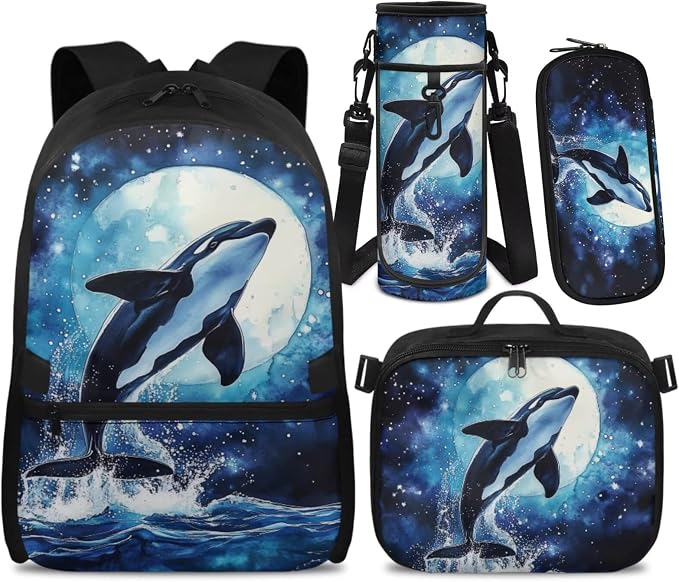 Doojoayie Orca Backpack for Preschool Girls 17 inch School Bag with Detachable Lunchbox Trendy Backpack for School Kids Girls 4-7 Heavy Duty Bookbags for Kindergarten Grade Kids