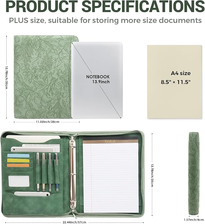 Embossed Faux Leather Zippered Padfolio with 3 Ring Binder, Executive Portfolio Organizer Binder for Women, Fits 13.9" Laptop/Tablet, Refillable Writing Pad Pocket, Green