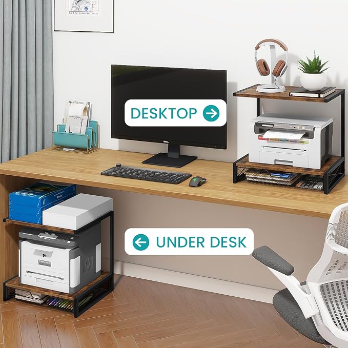 ELITEROO 2-Tier Desk Printer Stand with Storage Drawer, Wood Printer Stand | Small Printer Table with Shelf for Desktop, for Home Office, Fits Fax Machine, Scanner, 3D Printer, Rustic Brown