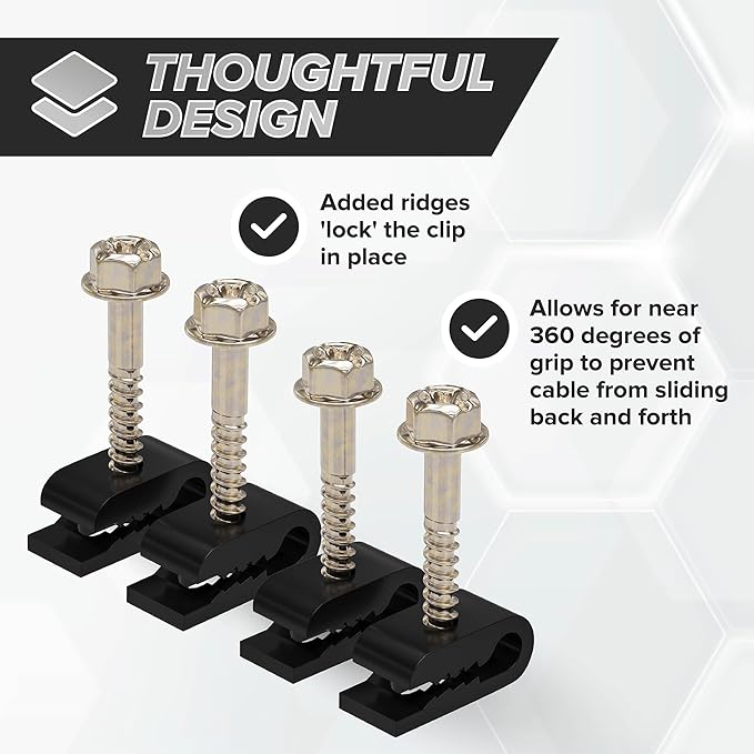 THE CIMPLE CO Mini Screw-in Cable Clips and Fasteners - Indoor/Outdoor Single Screw Clips - 3mm Wire Clamps for Fiber Optic Cables and Thermostat, Ground Wires - 3 mm (1/10 Inch), Black, 100 PCS