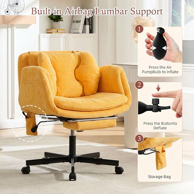 Criss Cross Office Chair with Footrest and 5-Gear Adjustable Arms, Yellow | Wide seat cross-legged desk chair, flip lumbar pillow, airbag support, linen fabric, for home office, vanity and meditation