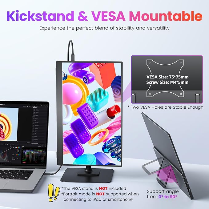 Upperizon Portable Monitor 15.6 inch FHD 87% sRGB 60Hz IPS HDR HDMI USB-C Travel Monitor for Laptop MacBook PC Surface PS5 Xbox, External Display with Kickstand & Speakers, VESA Compatible