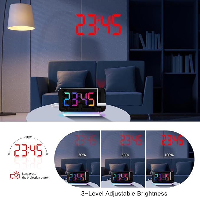 Projection Alarm Clock for Bedroom Ceiling,RGB Digital Clocks with 10 | Colors RGB Night Light,Loud Alarm Clock for Heavy Sleepers,USB C Charger Port,Snooze,12/24H,Auto Dimming