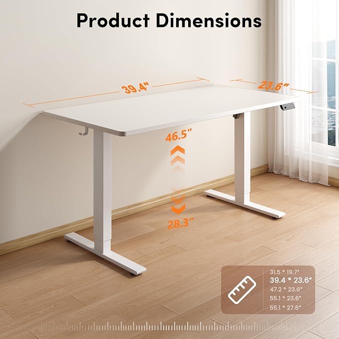 FEZIBO One-Piece Standing Desk, 40"x24" Seamless Tabletop Electric Height Adjustable for Home Office, Study Rooms & Multi-Device Workstations, White