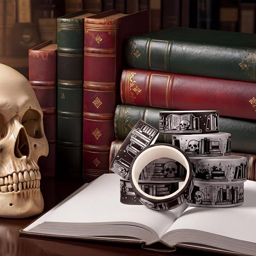 24 Rolls Gothic Book Shelf Washi Tape Set Per Roll, Skull & Book Pattern Decorative Tape Easy Hand Tear for DIY Crafts, Scrapbooking, Journaling, Gift Wrapping Study Planner Decoration