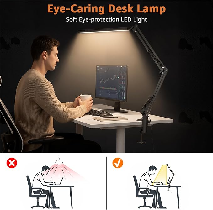 Upgrade Swing Arm LED Desk Lamp with Clamp, 80 LED Beads, 5 Color Modes & 11 Brightness Levels, 360° Adjustable Arm, Eye-Caring Light CRI95, Timer & Memory Function, for Office, Study, Crafting