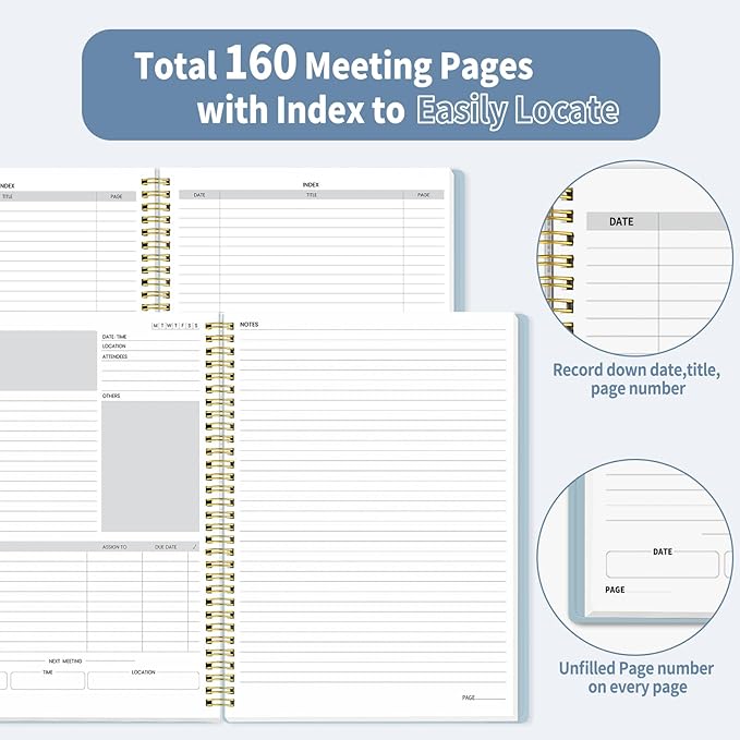 SUNEE Half Meeting Half Note - 8.5"x11" Professional Notebooks for Work - 160 Pages, A4 Size Project Planner, Spiral Meeting Agenda/Minutes Organizer for Women, Note Taking, Office&Business, Blue